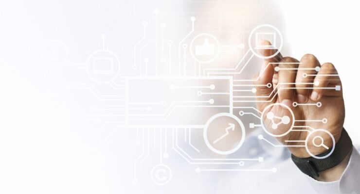 Businessman pointing at his presentation on the futuristic digital screen