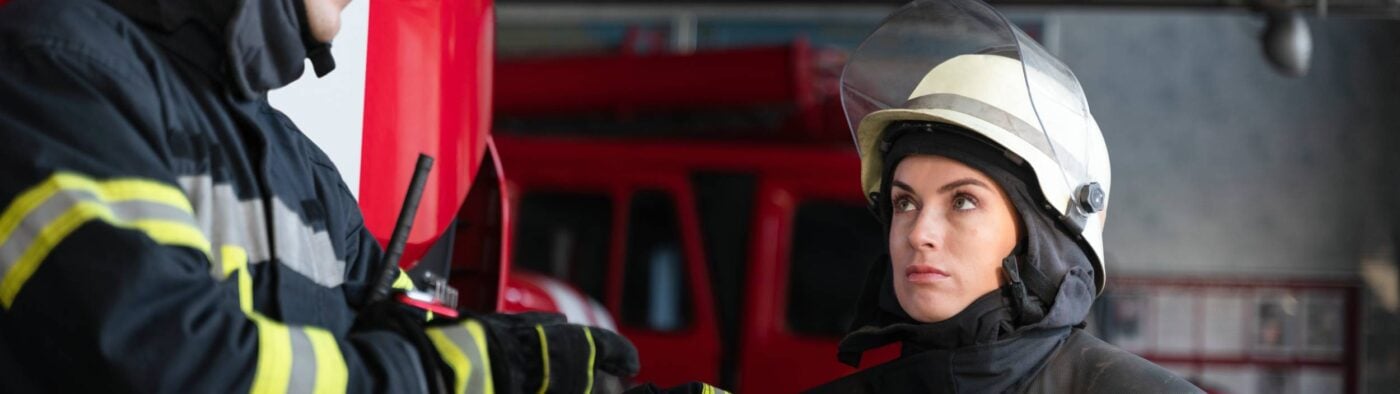 Male Female Firefighters Working Together Suits Helmets